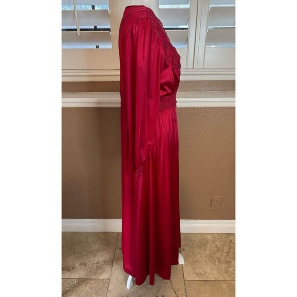 Vintage Shadowline M Satin Gown And Robe Set Deep Red Lace Trim Romantic Evening - Picture 5 of 12